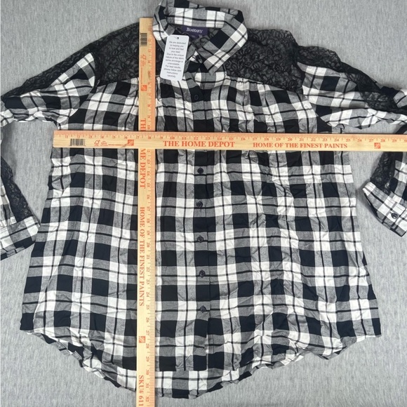 Roamans 22w Plaid Sheer Lace Black And White Long Sleeve Button Up NWOT - Picture 7 of 11